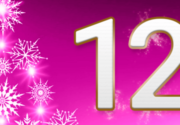 Auf purpurfarbenem Hintergrund steht eine goldumrandete Zwölf. Links davon sind unterschiedlich große Schneeflocken.