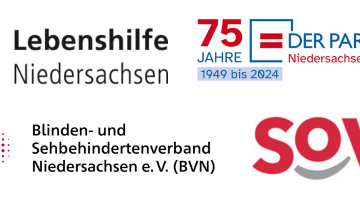 Vier Logos sind neben und untereinander. Oben links ist die Lebenshilfe Niedersachsen, rechts daneben der Paritätische. Unten links ist der BVN und rechts daneben der SOVD.