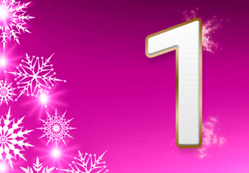 Auf purpurfarbenem Hintergrund steht eine goldumrandete 1. Links sind leuchtende Schneeflocken zu sehen.