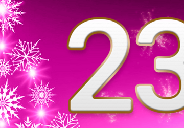 Auf purpurfarbenem Hintergrund steht eine goldumrandete Dreiundzwanzig. Links davon sind unterschiedlich große Schneeflocken.